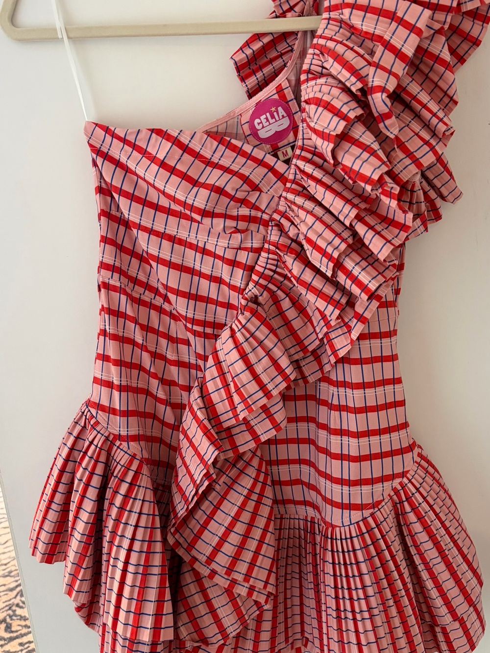 CeliaB Red and Pink Plaid One-Shoulder Ruffle Mini Dress